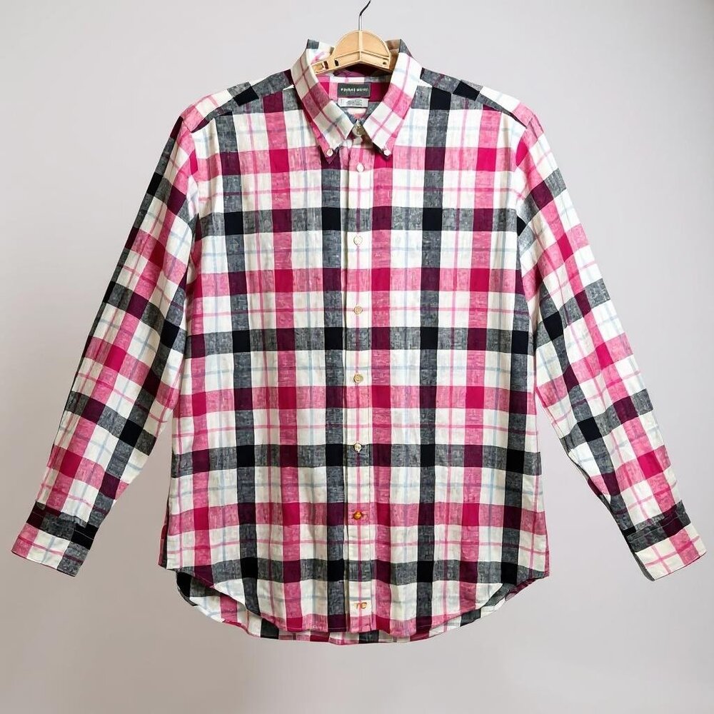 Thomas Dean Mens XL Shirt Pink Black White Plaid Linen Cotton Button Down TD